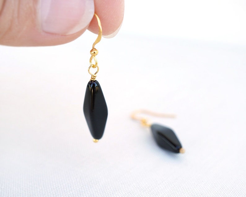 ON VACATION, Simple Black Earrings Long Black Bead Modern Black Glass Earrings Geometric Minimalist Gold Earrings Black Drop image 4