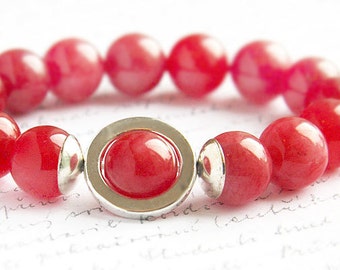 ON VACATION, Pink Red Agate Bracelet Big Bold Bracelet Sterling Silver Bracelet Colorful Statement Bracelet Artisan Stacking