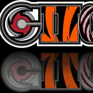 Può includere: Un design grafico con il nome della città "Cincinnati" in un font stilizzato. Il design incorpora loghi e colori associati alle squadre sportive locali, tra cui Reds, Bengals e FC Cincinnati. Il design è su sfondo nero.