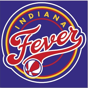 Puede incluir: Un logotipo circular sobre un fondo azul presenta el texto "INDIANA" en amarillo y "Fever" en rojo. Un gráfico de baloncesto está en la parte inferior. El logotipo está delineado en blanco y tiene detalles en amarillo y rojo.