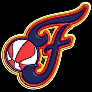 Puede incluir: Un logotipo estilizado que presenta un balón de baloncesto integrado con la letra "F". El diseño utiliza colores rojo, blanco y azul con detalles amarillos y un contorno blanco, sobre un fondo negro.