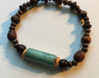 Turquoise and Wood Beaded Bracelet Size Large Unisex Handmade