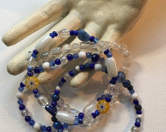 Fresh Blues Beaded Set of 4 Stretch Bracelets Handmade