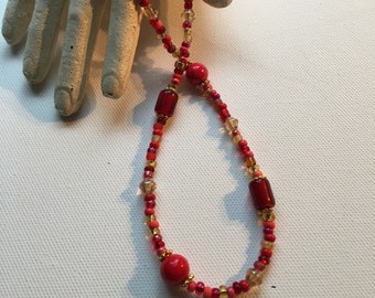 Fire Red Brown Beaded Necklace 18" Handmade