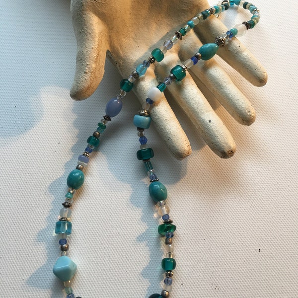 Shades of Aqua Blue Beaded Necklace Handmade 20"