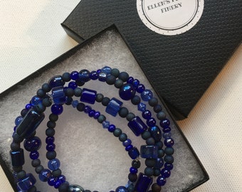 Deep Blue 4 Piece Stretch Beaded Bracelet Set Handmade