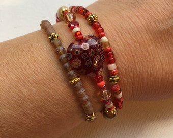 Red Millefiore Heart Set of 3 Stretch Beaded Bracelet Handmade