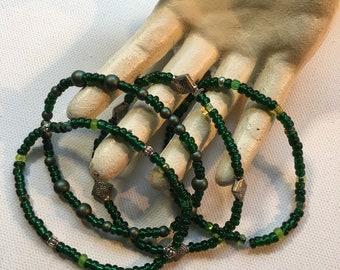 Deep Green Set of 4 Beaded Stretch Bracelets Handmade
