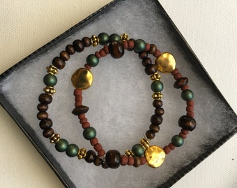 Brown Green Beaded Stretch Bracelet 2 Piece Set Handmade