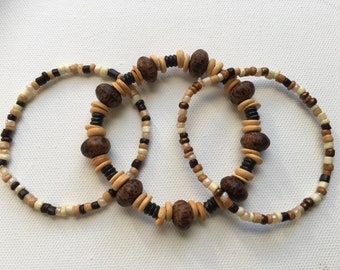 Natural Wood Bone and Glass Beaded Stretch Bracelet Set Handmade