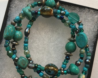 Turquoise Beaded 3 Piece Bracelet Set Handmade