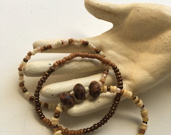 Earth Tone Beaded Stretch Bracelet Set of 3 Handmade