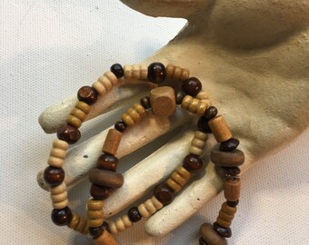 Retro 70's Wood Bead Set of 2 Stretch Beaded Bracelets Handmade