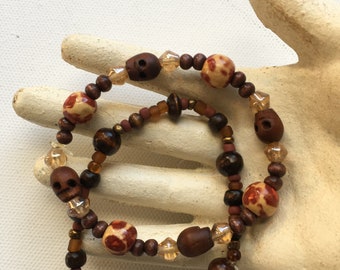 Wood and Glass Bead Stretch Bracelet Set in Brown and Rust Handmade