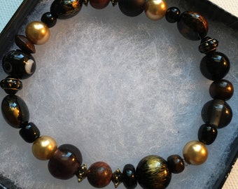 Black Rust and Gold Stretch Beaded Bracelet Handmade