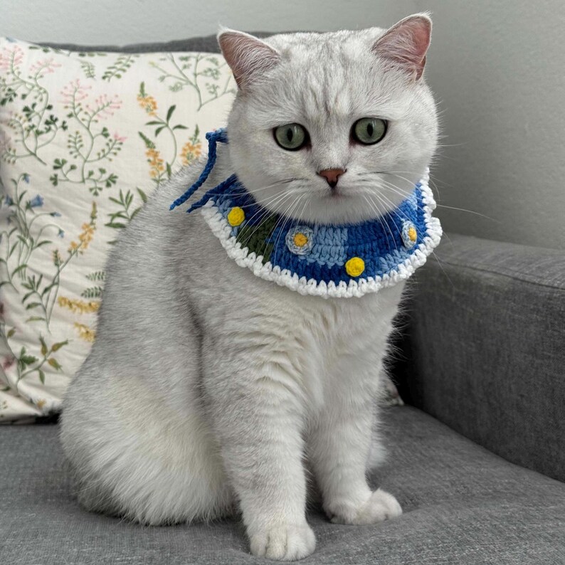 Starry Night Cat Collar Handmade Crochet In Blue Gold Photo Inspiration