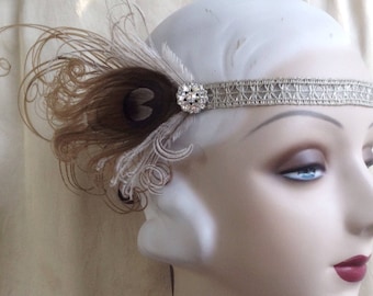 Brown taupe cream and silver lace flapper headband 1920's style headpiece with rhinestones, and brown feathers - made to  order