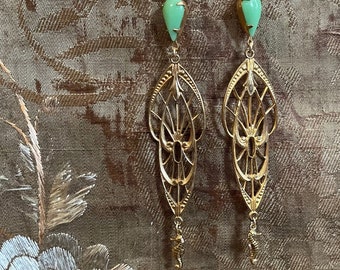 art nouveau earrings sea horse earrings sea green carnival vintage brass - ready to ship