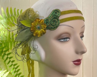 Cordelia- Green 1920's hand beaded headband, fairy flapper  headpiece green velvet headband with vintage feathers - ready to ship