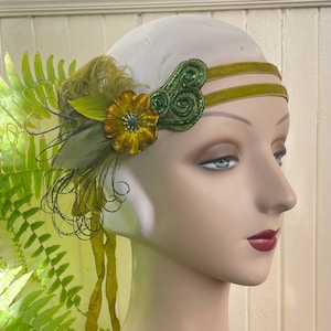 Cordelia Green 1920's hand beaded headband, fairy flapper headpiece green velvet headband with vintage feathers ready to ship image 1