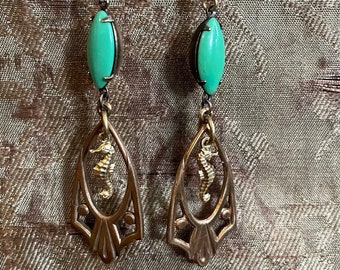 Art Deco sea horse earrings sea green art nouveau vintage brass earrings - ready to ship