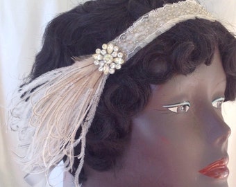1920's headband, cream and silver flapper wedding headpiece edwardian headdress with vintage rhinestones and brown feathers - made to order