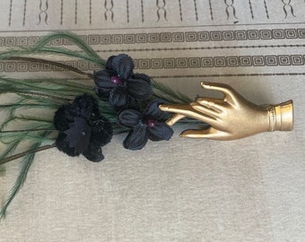 victorian hand pin in brass, dark green and black victorian inspired hand feather and flower brooch gothic mothers day gift - ready to ship