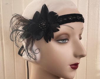 Black Velvet beaded headband 1920's style elegant flapper costume headband with velvet flower gothic headband black feathers- ready to ship