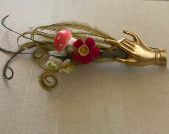 victorian hand pin with mushroom in green, pink and brass, victorian inspired hand feather and flower brooch gift - ready to ship