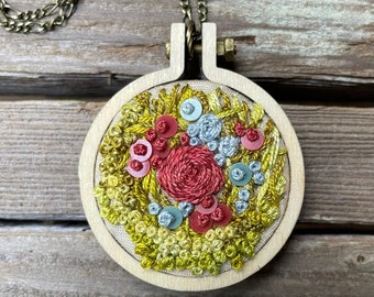 Miniature embroidered moss and flower necklace in green and blue and red, silk thread with vintage sequins - ready to ship