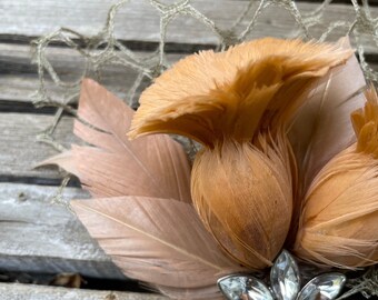 Fascinator made of vintage brown net and taupe victorian millinery ornaments, 1940s, 1930's, 1920's headpiece- ready to ship