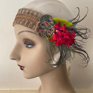 Amina 1920s style gold headband with red flowers, green feathers and an antique butterfly applique ready to ship image 1