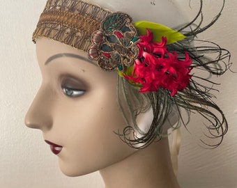 Amina- 1920s style gold headband with red flowers, green feathers and an antique butterfly applique - ready to ship