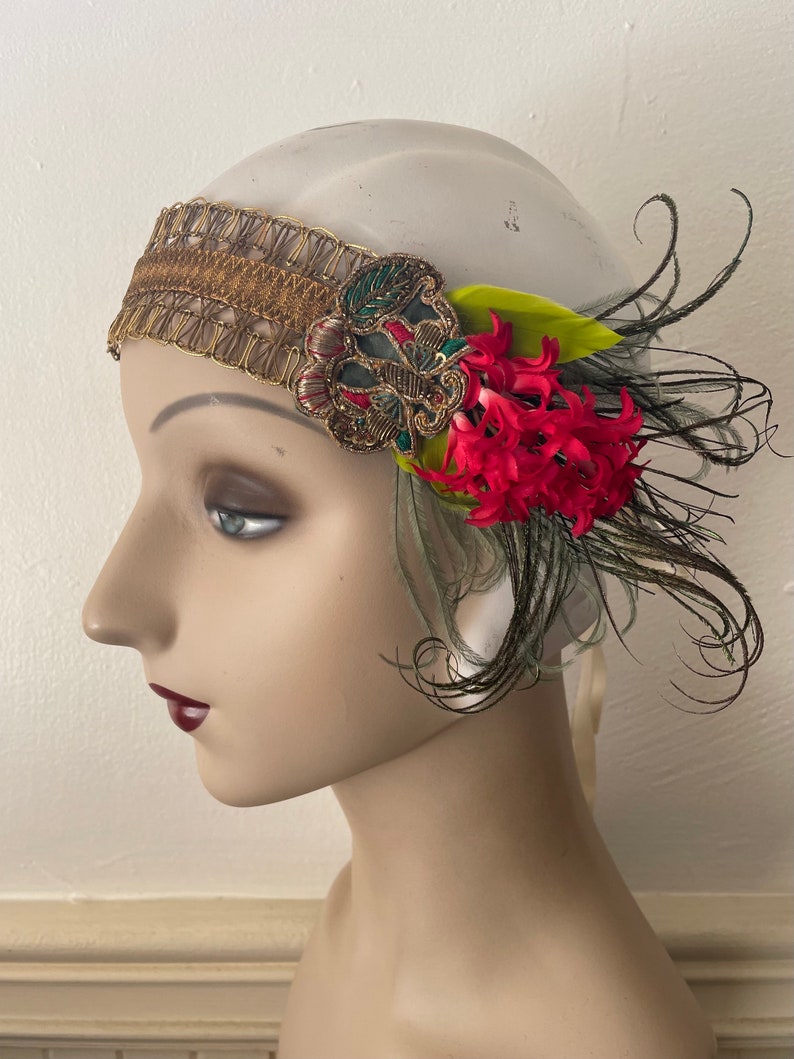 Amina 1920s style gold headband with red flowers, green feathers and an antique butterfly applique ready to ship image 1