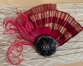 Pleated stripe hair clip in red, gold and black- Victorian, Steampunk, Carnival, Flapper, 1920s- ready to ship