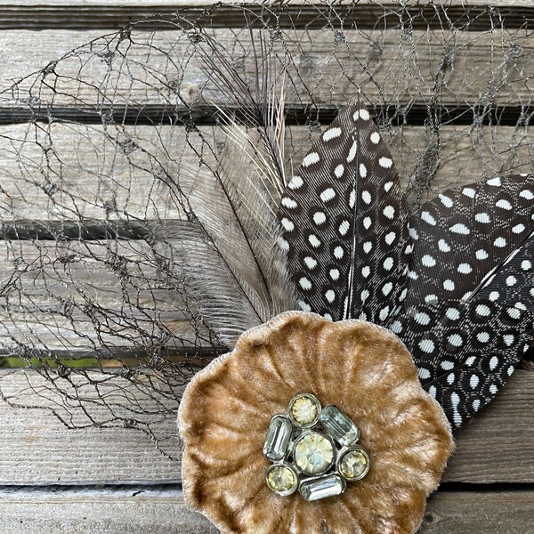 Brown velvet flower feather fascinator with vintage netting, 1940's 1930's 1920's inspired headpiece hair clip - ready to ship