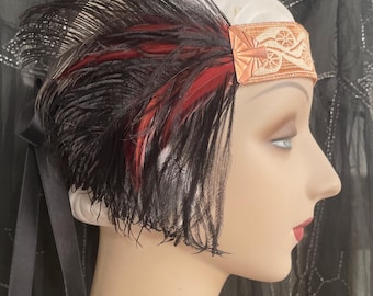 Copper and cream art nouveau floral 1920s style headband with cruelty free black ostrich feathers and original antique ribbon- ready to ship