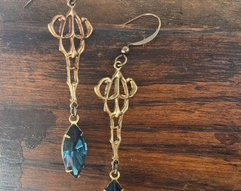 art deco dark blue and copper dangling earrings art nouveau earrings flapper earrings gift - ready to ship