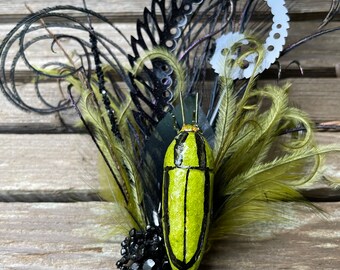 Insect adorned fascinator gothic flapper hair clip,  victorian headpiece with beetle costume with peacock feathers- ready to ship