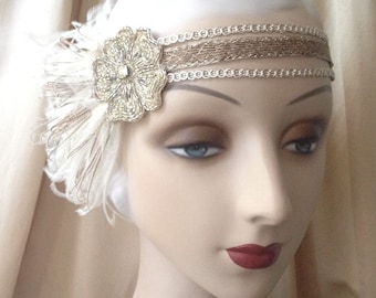 1920s flapper headdress or edwardian headband with flower of antique beads with ivory and brown feathers - estella