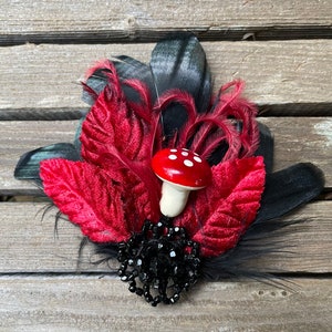 Red and black feather hairclip with mushroom, red velvet leaf and salvaged victorian embellishement Victorian, 1920s ready to ship image 1