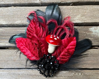 Red and black feather hairclip with mushroom, red velvet leaf and salvaged victorian embellishement- Victorian, 1920s- ready to ship