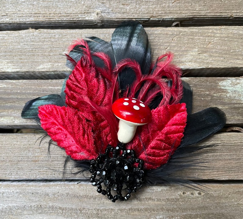 Red and black feather hairclip with mushroom, red velvet leaf and salvaged victorian embellishement Victorian, 1920s ready to ship image 1