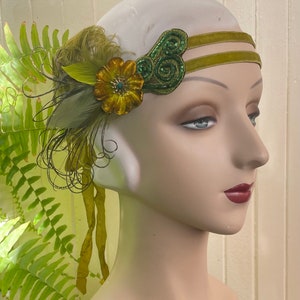 Cordelia Green 1920's hand beaded headband, fairy flapper headpiece green velvet headband with vintage feathers ready to ship image 7