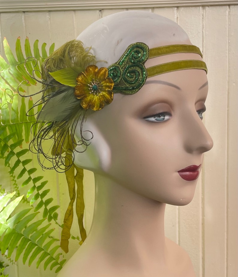 Cordelia Green 1920's hand beaded headband, fairy flapper headpiece green velvet headband with vintage feathers ready to ship image 7