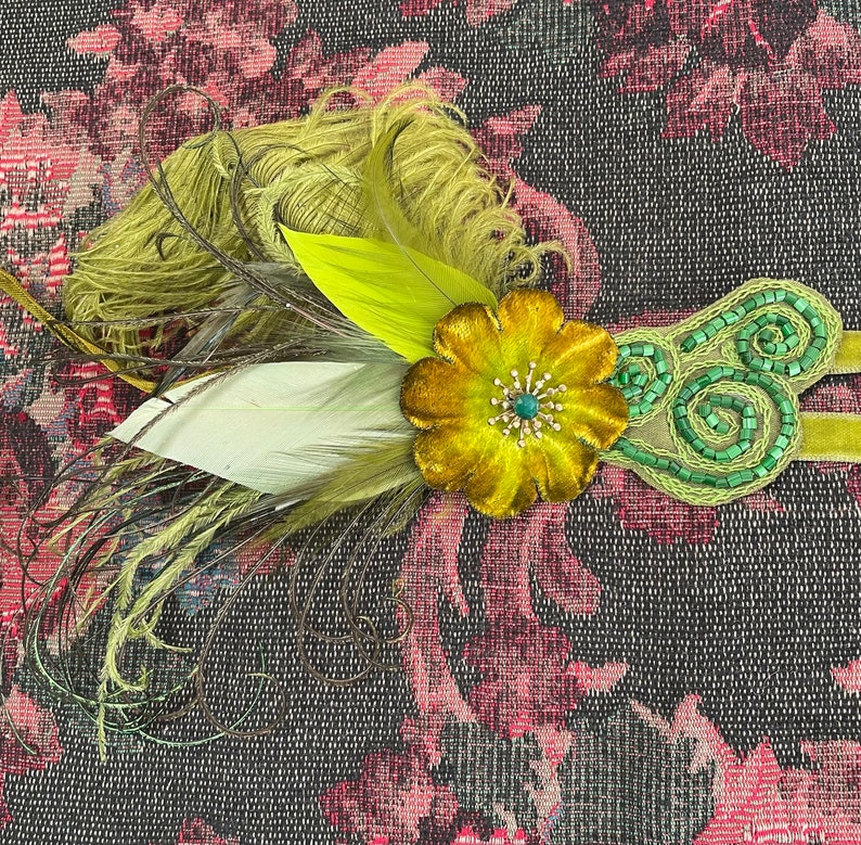 Cordelia Green 1920's hand beaded headband, fairy flapper headpiece green velvet headband with vintage feathers ready to ship image 4