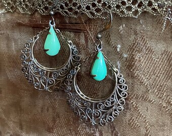 Green and antique brass Victorian style dangling earrings art nouveau earrings flapper earrings gift - ready to ship