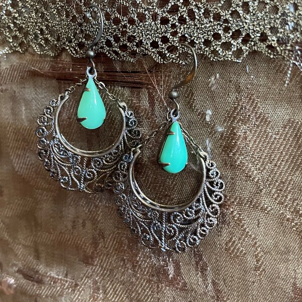 Green and antique brass Victorian style dangling earrings art nouveau earrings flapper earrings gift - ready to ship