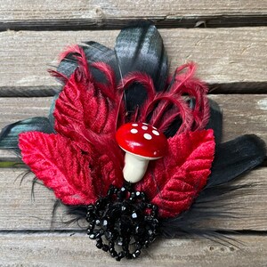 Red and black feather hairclip with mushroom, red velvet leaf and salvaged victorian embellishement Victorian, 1920s ready to ship image 2