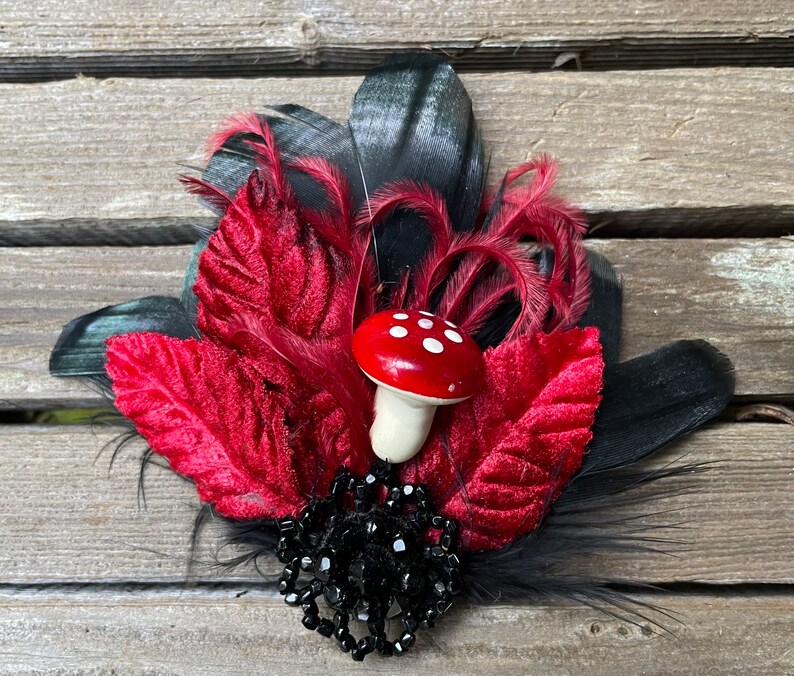 Red and black feather hairclip with mushroom, red velvet leaf and salvaged victorian embellishement Victorian, 1920s ready to ship image 2